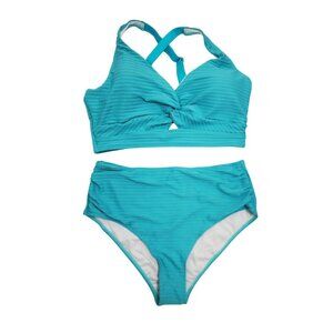 Womens Teal Textured High-Waisted Bikini Set Size L Swimsuit
